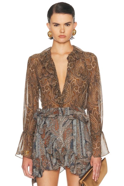 NILI LOTAN Cecily Top in Khaki Paisley - Brown. M also in L