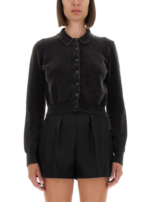 Crop Cardigan with Polo Collar in Cotton Blend Velvet