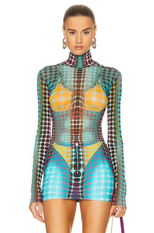 Jean Paul Gaultier High Neck Long Sleeve Top in Blue Purple & Yellow - Multi. XXS also in L, M, S, XL