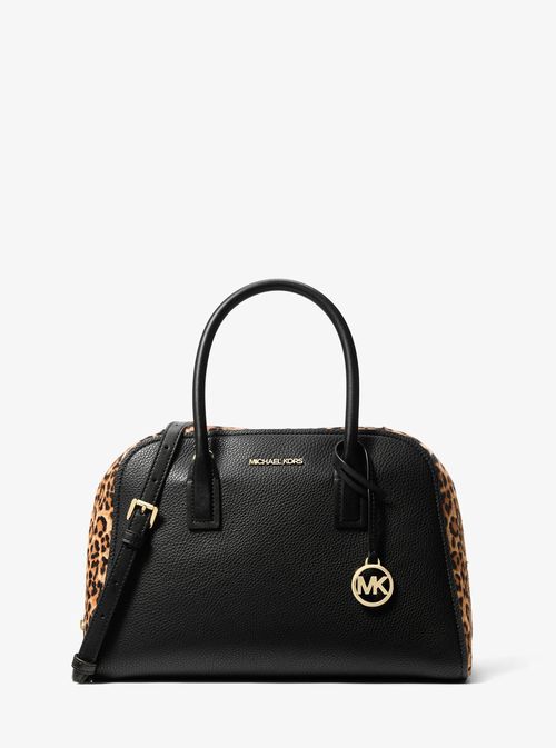 Ashton Medium Leopard Print Calf Hair and Smooth Satchel in Brown - One Size
