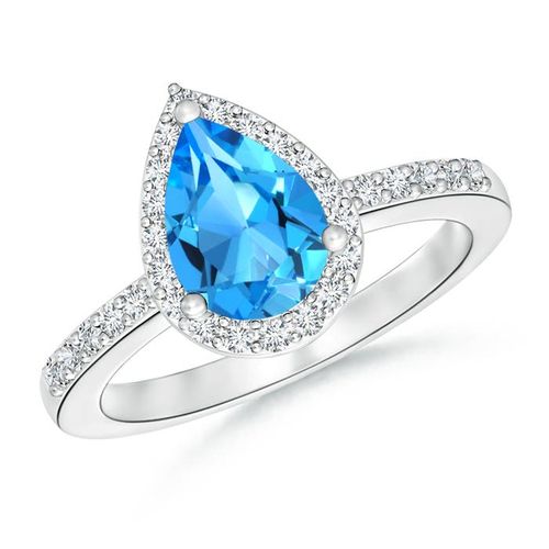 Angara 1.65 Carats Pear Swiss Blue Topaz Ring with Diamond Halo in Platinum