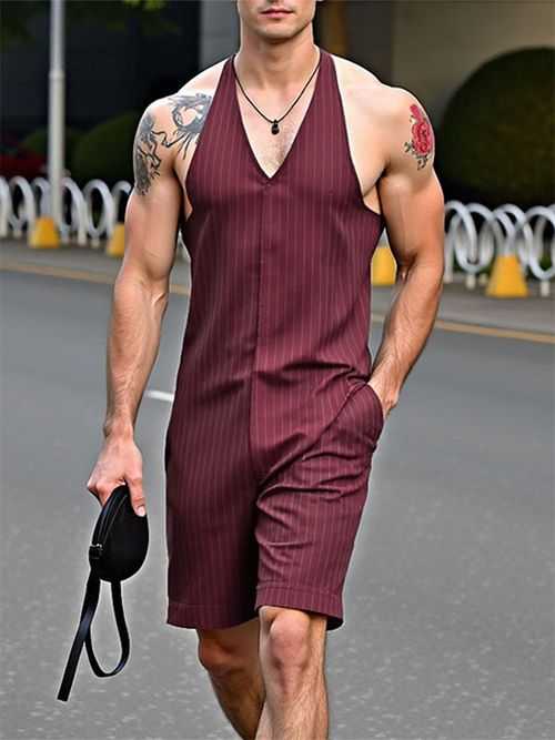 Men's Striped Sleeveless Jumpsuit SKUL21530 - Wine Red / S