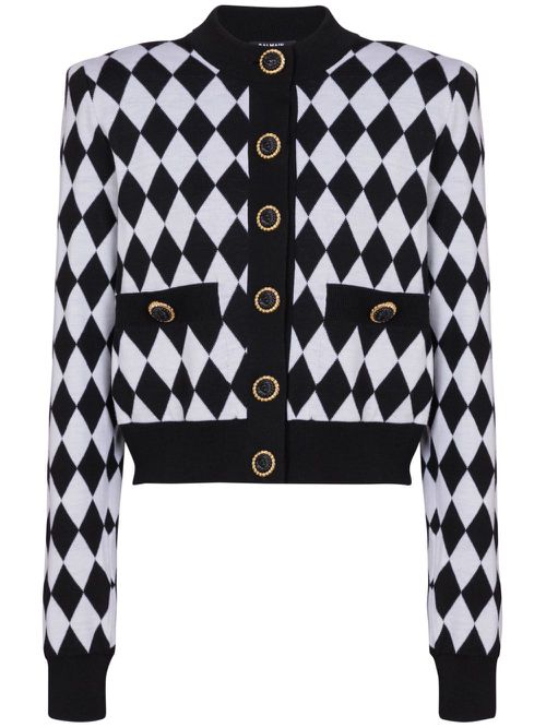 Diamond-intarsia wool cardigan - White