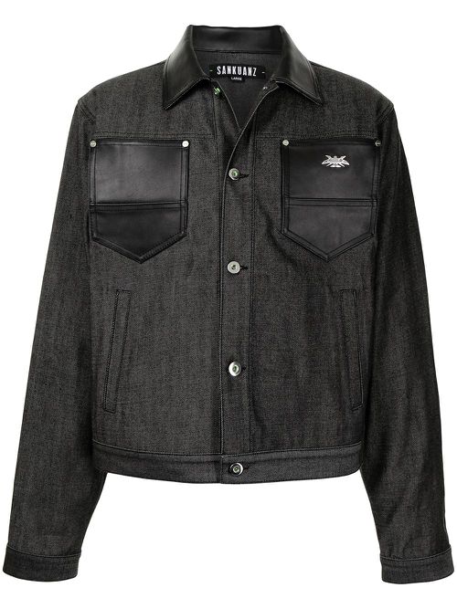 Leather-trimmed denim jacket - Black