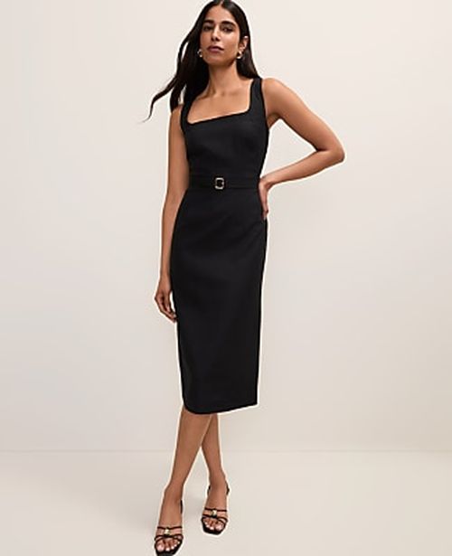 Ann Taylor Belted Column Midi Dress in Linen Blend