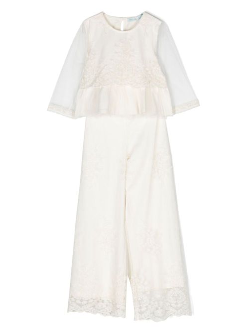 Floral-lace organza trousers set - White