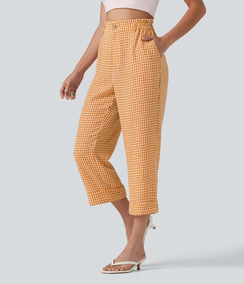 High Waisted Cropped Plaid Casual Linen-Feel Pants with Pockets  - Clementine Gingham