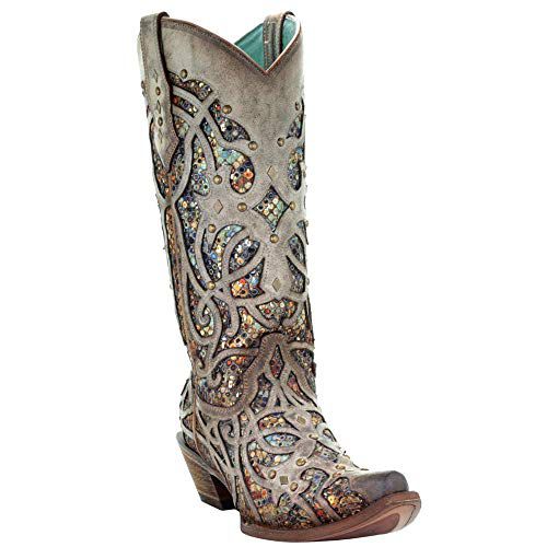 Corral Boots Womens Glitter Tooled Inlay Snip Toe Dress Boots Knee High Mid Heel 2-3" - Brown