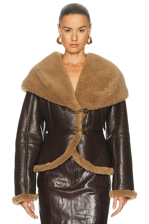 Magda Butrym Leather Shearling Hooded Jacket in Brown - Brown. 38 also