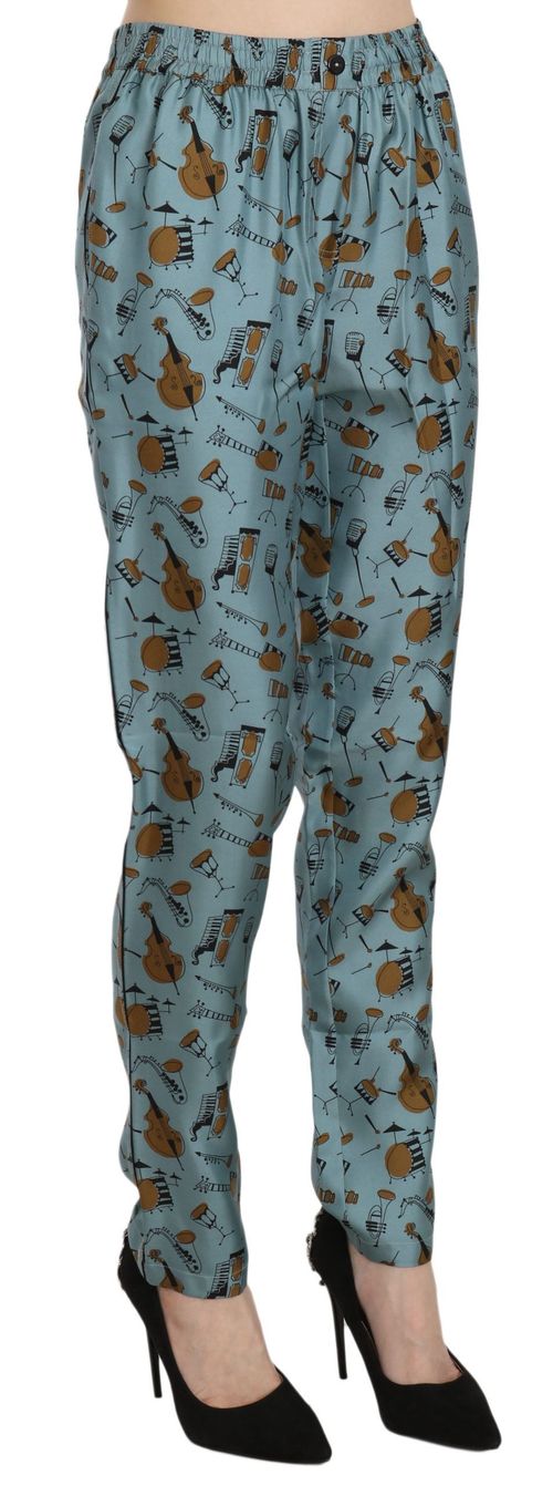Musical Instruments Print Silk Trousers — Blue