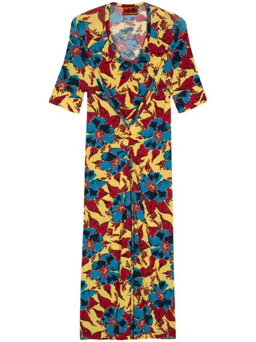 Floral-print gathered midi dress - Yellow