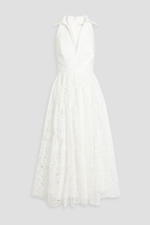 Crepon-paneled guipure lace midi dress