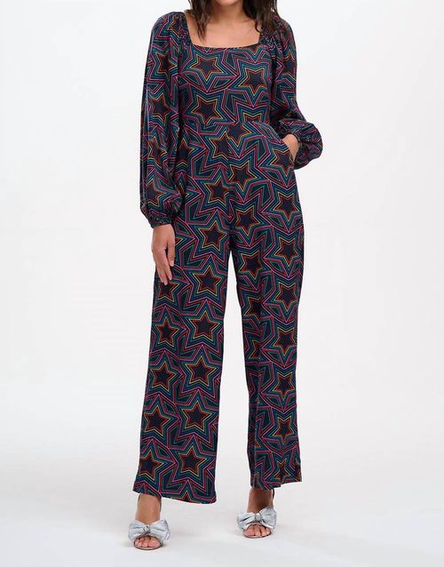 Hestia Shirred Jumpsuit In Rainbow Star Explosion