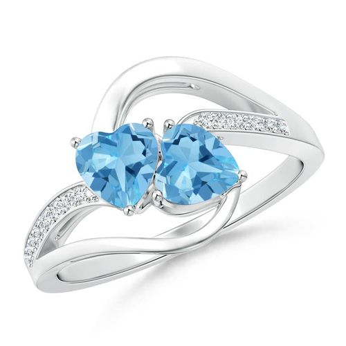 Angara 1.2 Carats Two Stone Heart Swiss Blue Topaz Bypass Ring with Diamonds in Platinum