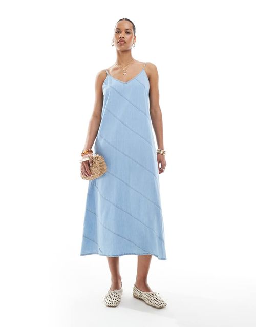 Denim midaxi dress with cut & sew detail in light blue