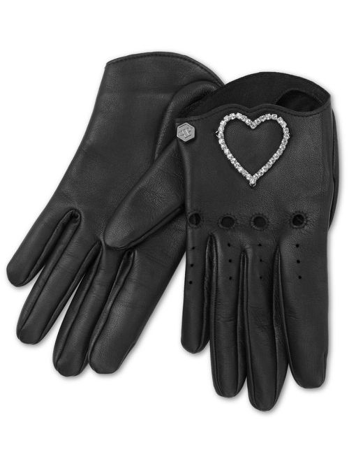 Heart-appliqué leather gloves - Black