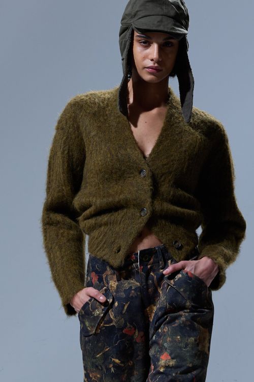 R13 Split Hem Ribbed Cardigan - Heather Olive Green