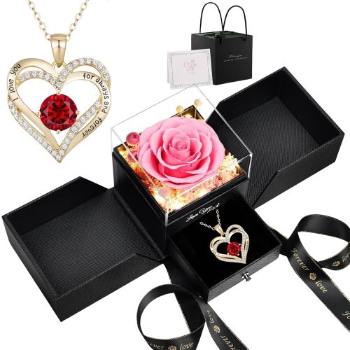 Preserved Pink Rose With Led Lights And 14k Gold Plated Double Heart Ruby Necklace