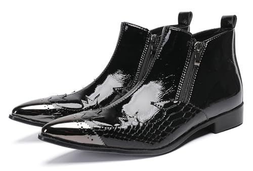 Santimon Men's Dress Casual Chelsea Boots - Glossy Patent Leather Cowboy Ankle Boots with Double Zipper & Metral Pointed Toe Western Boots for Party