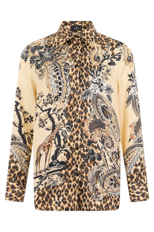 Animal-Print Silk Shirt — Beige