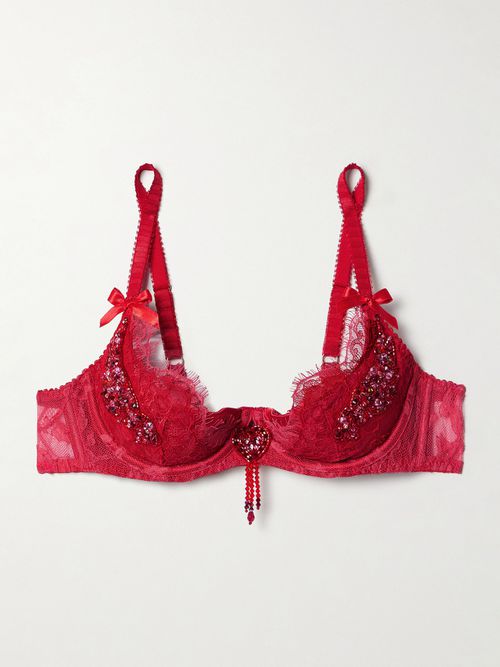 Graicelle Embellished Leavers Lace And Stretch-silk Satin Underwired Balconette Bra - 32B