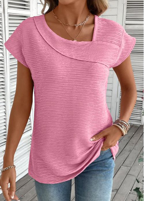 Modlily Pink Jacquard Short Sleeve Asymmetrical Neck T Shirt
