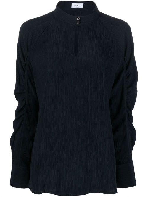 Keyhole-neck longsleeved silk blouse - Blue