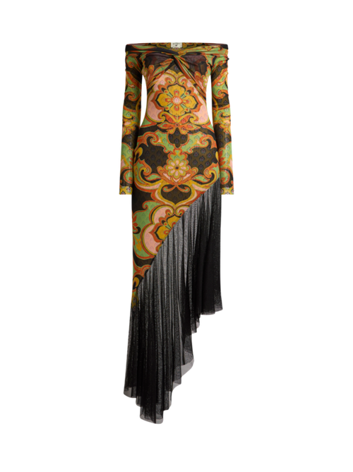 Asymmetric Tulle Midi Dress With Placed Floral Print