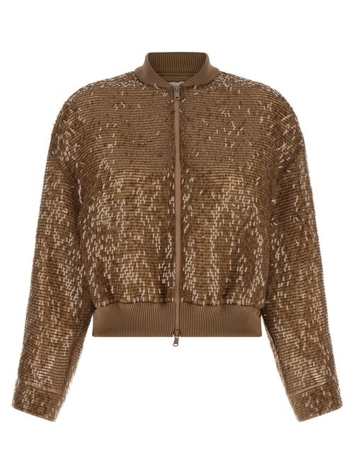 Sequin-Embroidered Silk Cardigan — Brown