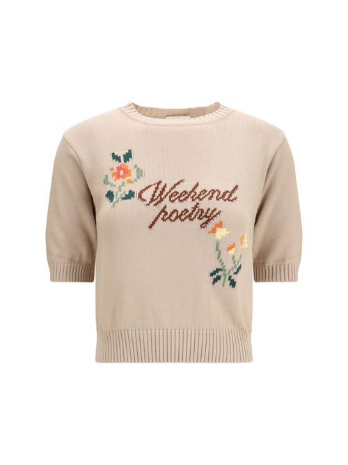 Embroidered Floral Cotton Knit Sweater — Beige
