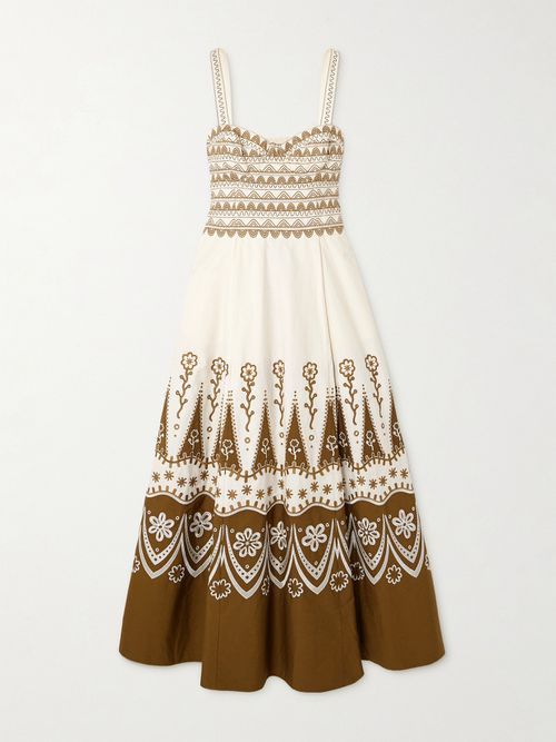 Elida Embroidered Cotton Midi Dress - Brown