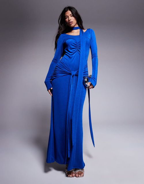 Ruched maxi dress with waist and neck tie detail in calbalt-Blue