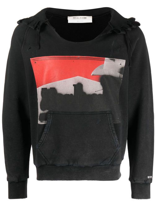Illustration-print distressed hoodie - Black