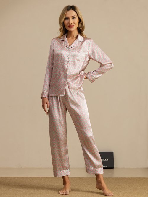 Women's Pure Silk Geometric Print Long Sleeve Pajamas Set With Pants