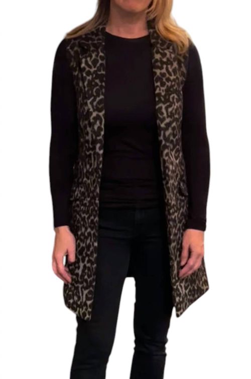 Long Faux Fur Vest In Grey Leopard