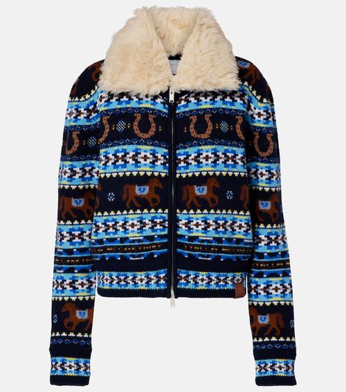 Intarsia virgin wool zip-up cardigan