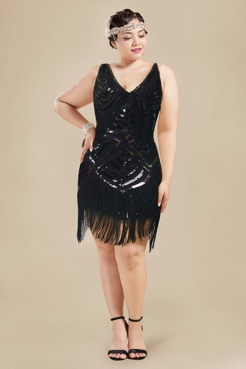 BABEYOND Plus Deep V Neck Sleeveless 1920s Fashion Sequin Flapper Dress, Plus Gatsby Tassel Dress, Black, 4X
