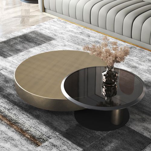 Set de mesas de centro anidables redondas de cristal vidrio templado con metal en dorado y negro, mesa moderna Ø 100 c