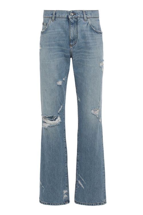Classic Light Denim Jeans with Knee Rips, Medium-Rise Fit