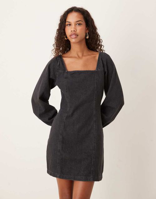 Porth square neck denim mini dress in black