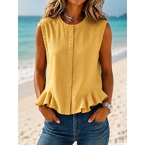 Women's Cotton Linen Vest Peplum Buttons Solid Color Plain Vacation Sleeveless Crew Neck Crop Tops Casual Blue Black White Yellow Dark Blue Summer Spring