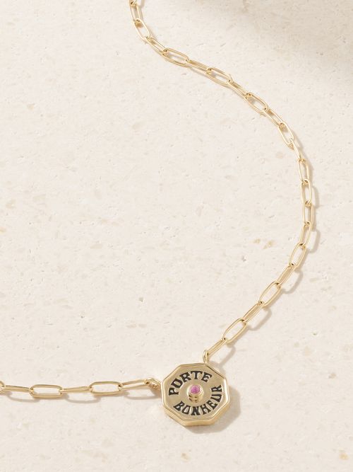 Wee Porte Bonheur Coin 14-karat Gold, Enamel And Sapphire Necklace - One size