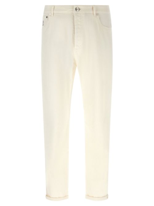 Logo-Embroidered Cotton Jeans — Cream