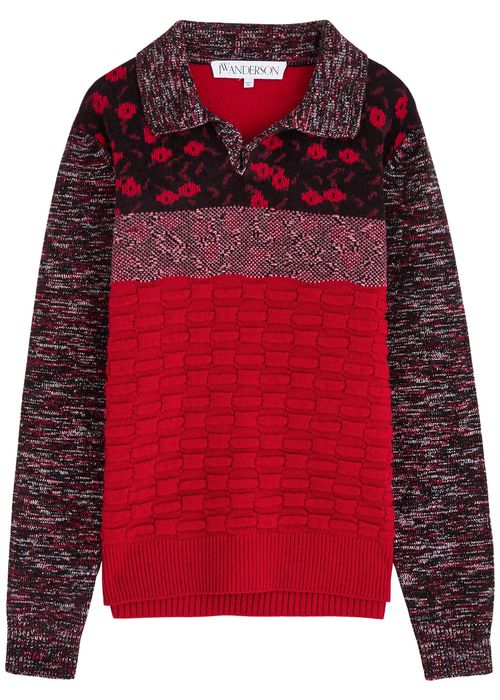 Patchwork Wool-blend Polo Jumper - Red - S