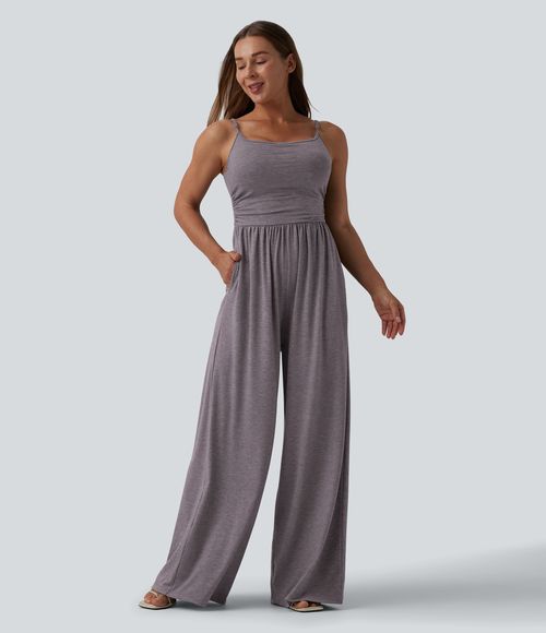 Adjustable Straps Ruched Wide Leg Heathered Casual Jumpsuit with Pockets-Easy Peezy  - Deep Tea Brown Floral Yarn