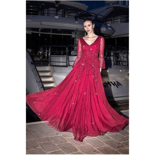 Goddiva Sunray Hand Embellished Sequin A-Line Bell Sleeve Maxi Dress - Burgundy
