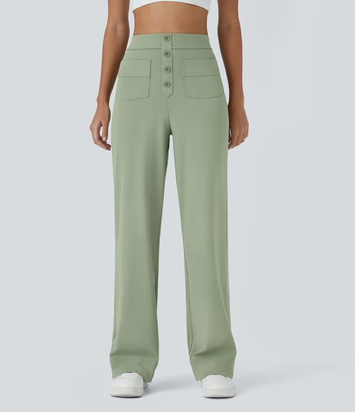 High Waisted Button Multiple Pockets Straight Leg Casual Pants  - Asparagus