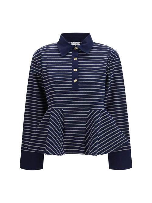 Striped Cotton with Peplum Polo Shirt — Navy