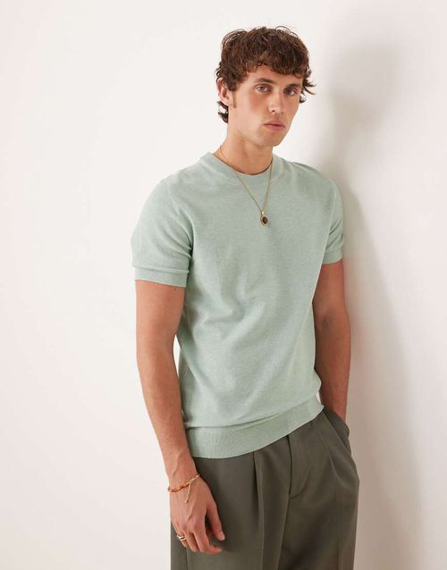 Cotton blend fine knit t-shirt in turquoise-Blue