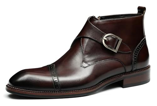Santimon Chelsea Boots Men Formal Dress Ankle Boots Fashion Formal Genuine Leather Monk-Strap Brogues Chukka Boots Business Casual Wedding Boots for Men Coffee